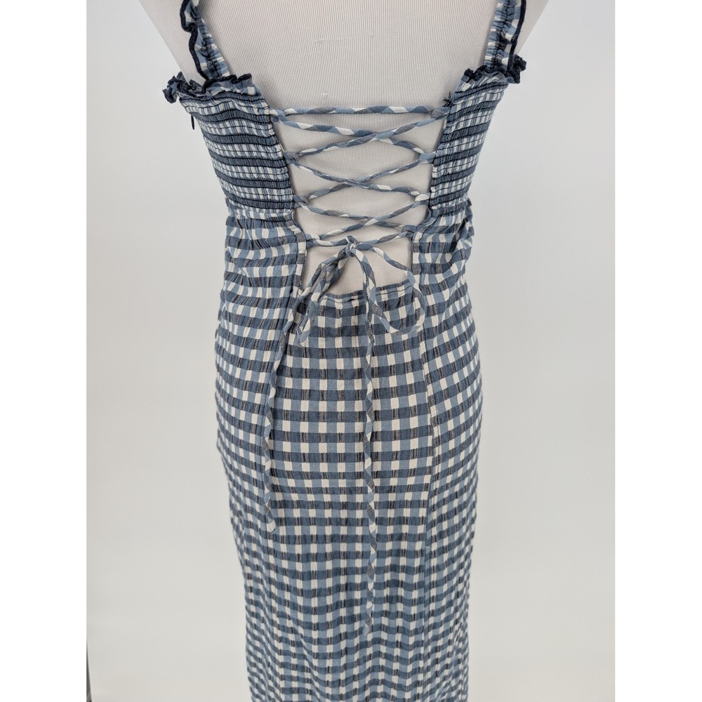 Free People Lucinda Gingham Corset Midi Dress M Blue White Smocked Cottage Boho - Picture 7 of 16